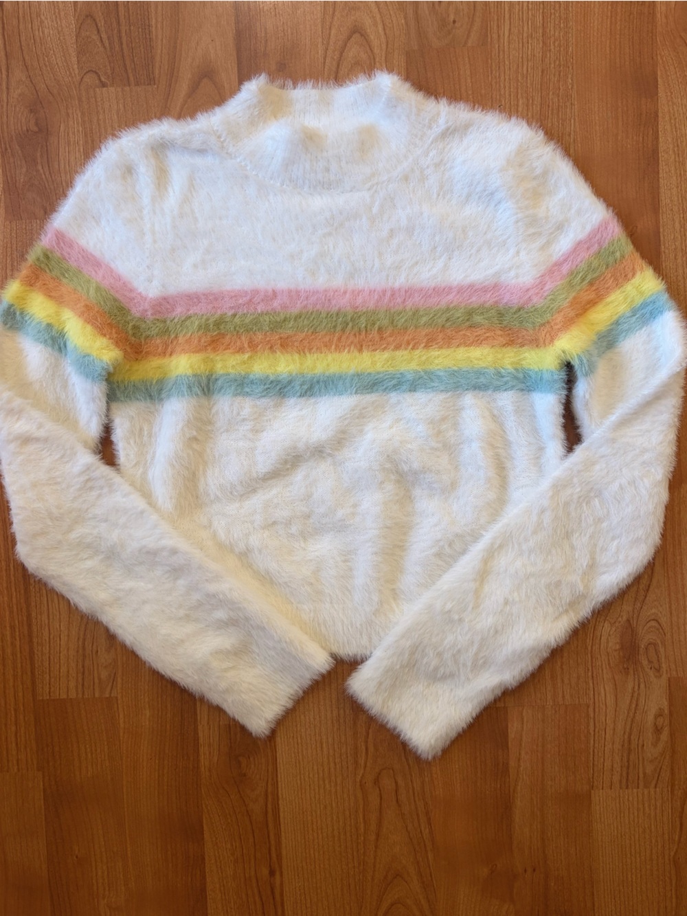 Le Lis Cream Fuzzy Sweater with Pastel Rainbow Stripe Small